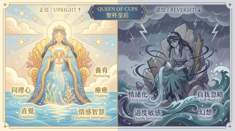 聖杯皇后正位與逆位對比圖