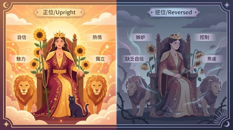 權杖皇后正位與逆位對比圖