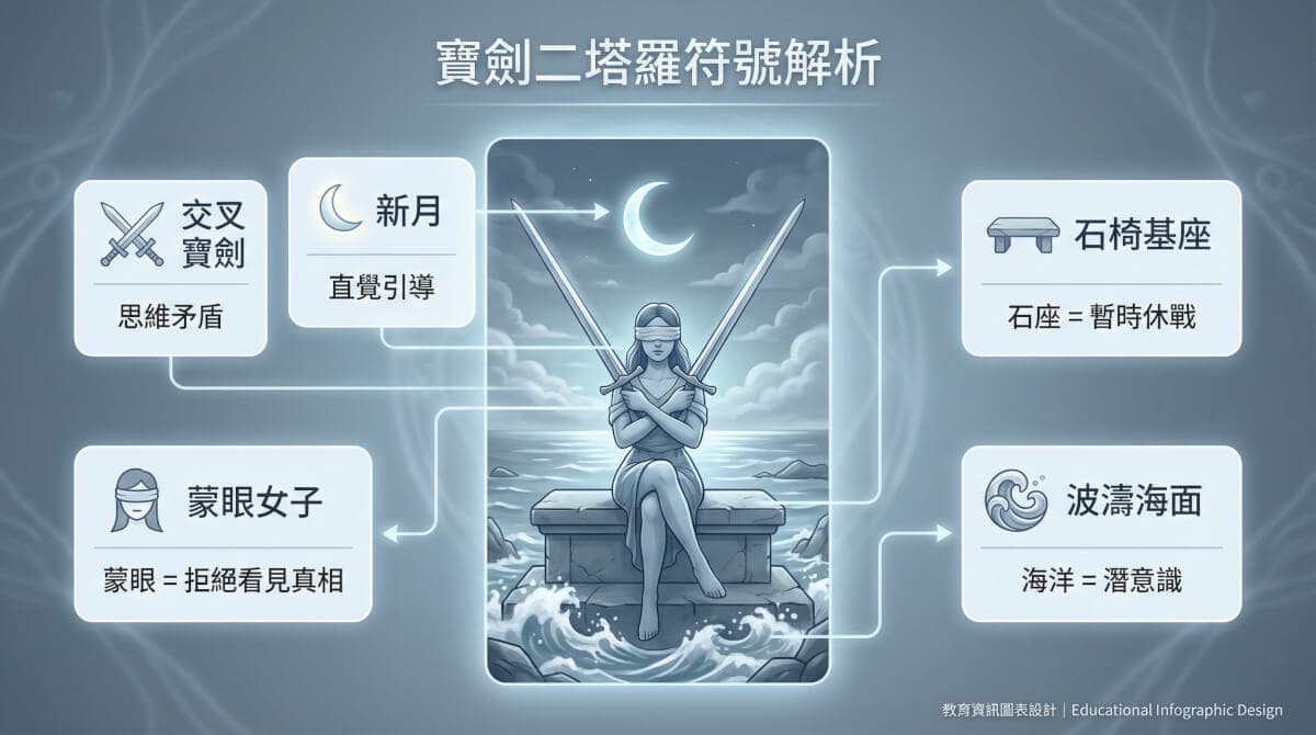 寶劍二象徵元素解析圖