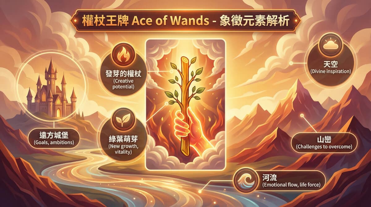 權杖王牌象徵元素解析圖
