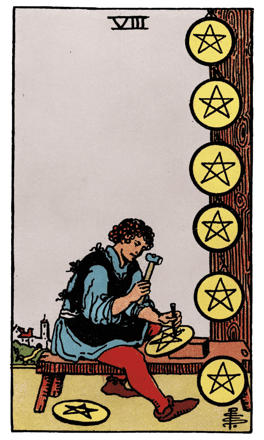 星幣八 Eight of Pentacles - 塔羅牌圖像