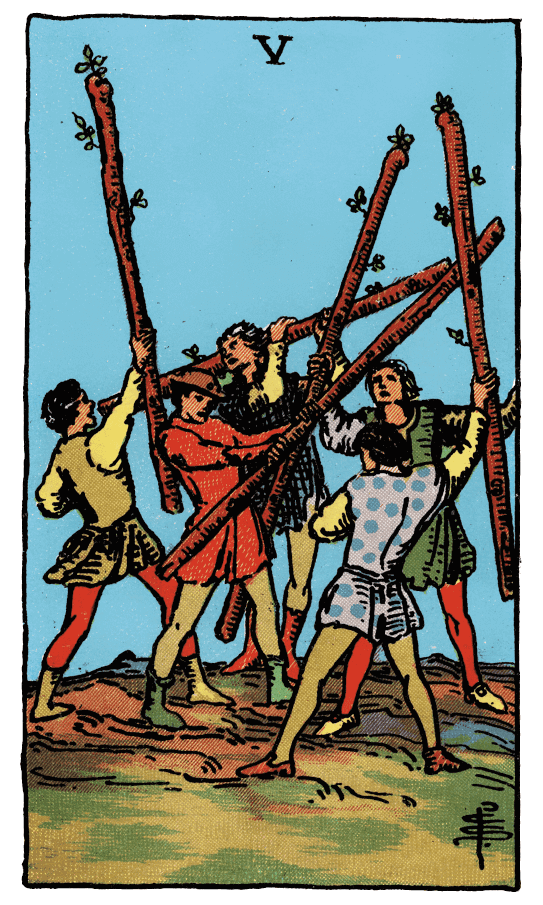 權杖五 Five of Wands - 塔羅牌圖像