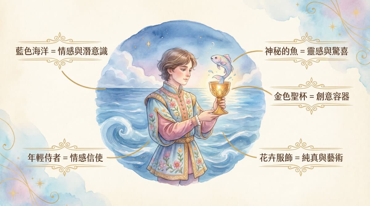 聖杯侍者象徵元素解析圖