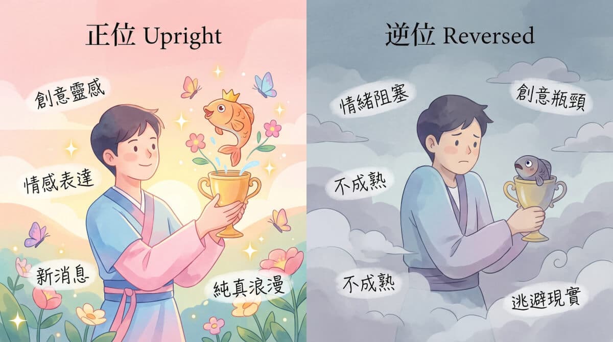 聖杯侍者正位與逆位對比圖