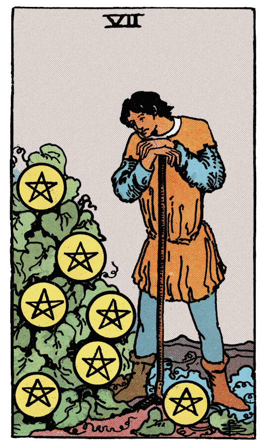 星幣七 Seven of Pentacles - 塔羅牌圖像