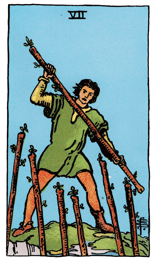 權杖七 Seven of Wands - 塔羅牌圖像