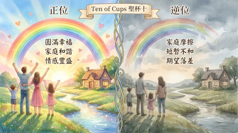 聖杯十正位與逆位對比圖