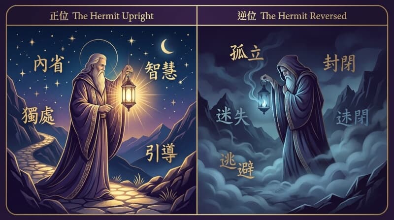 隱士牌正位與逆位對比圖