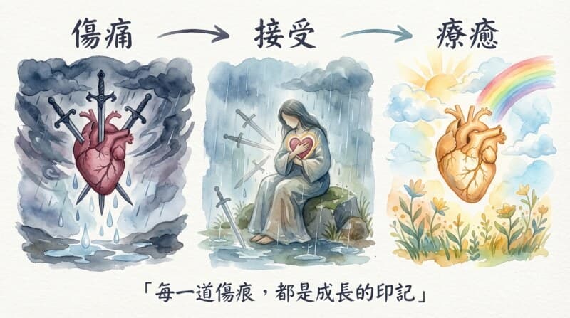 寶劍三療癒旅程示意圖