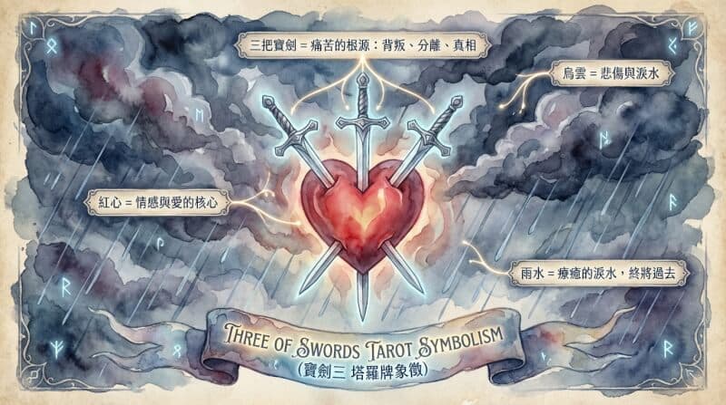 寶劍三象徵元素解析圖